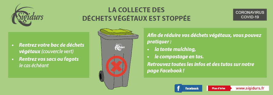 Bandeau collecte déchets verts stoppée Sigidurs Covid19 mars 2020