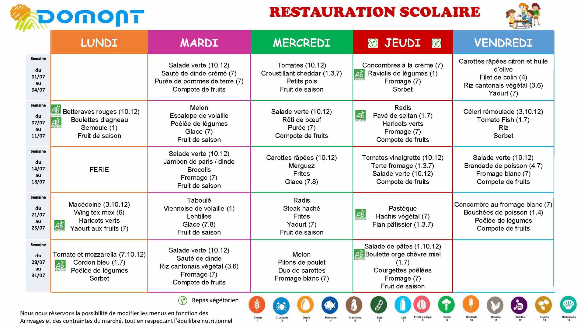 MENU JUILLET 2025 MENU JUILLET 2025