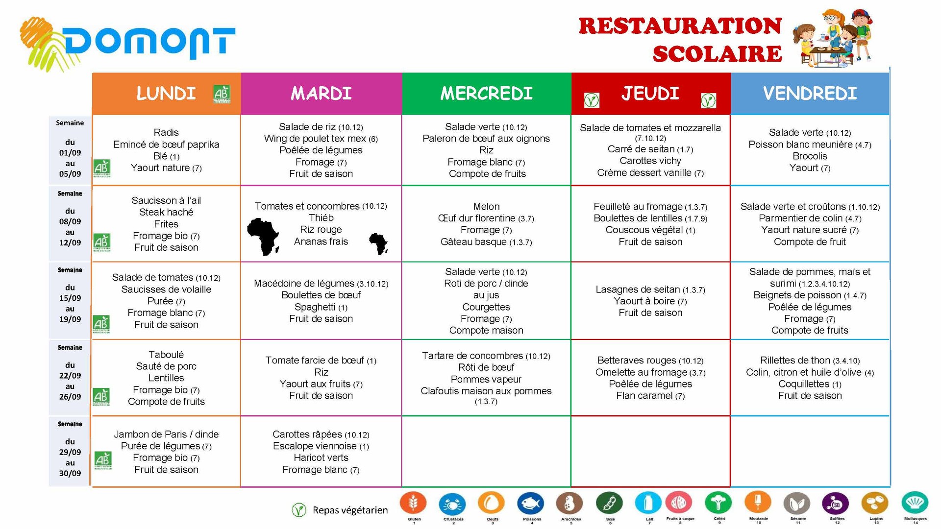 MENU SEPTEMBRE 2025